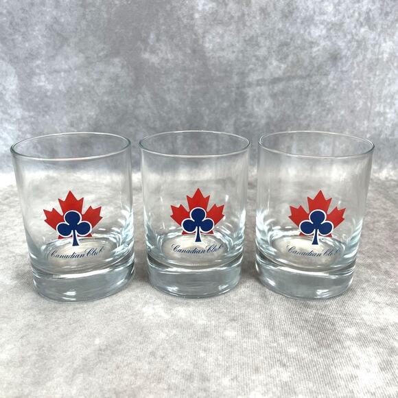 Set of 3 Vintage Canadian Club Whiskey Rocks Glasses Red Maple Leaf Blue Club - Picture 1 of 5